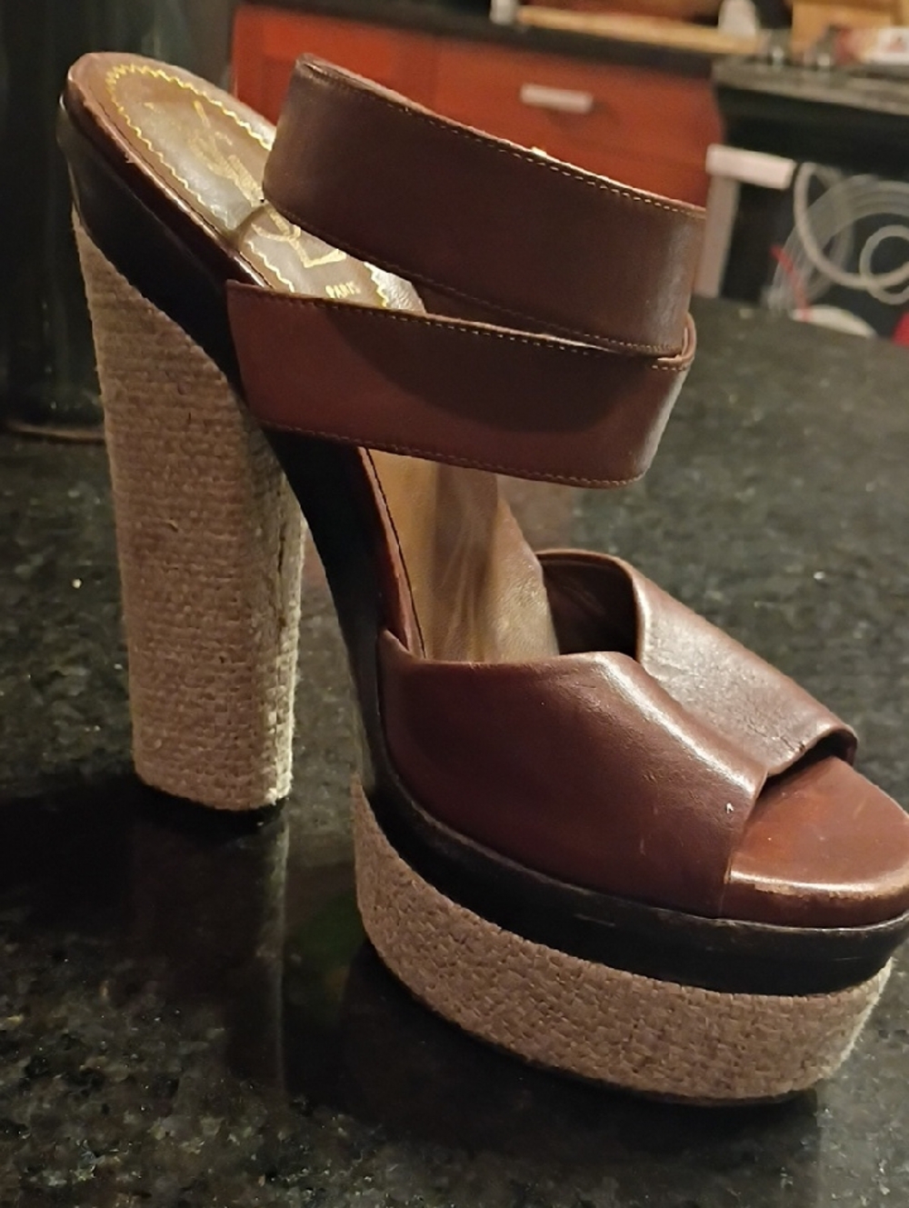 Saint Laurent Brown Platform Espadrille High-Heel Sandals Size 6